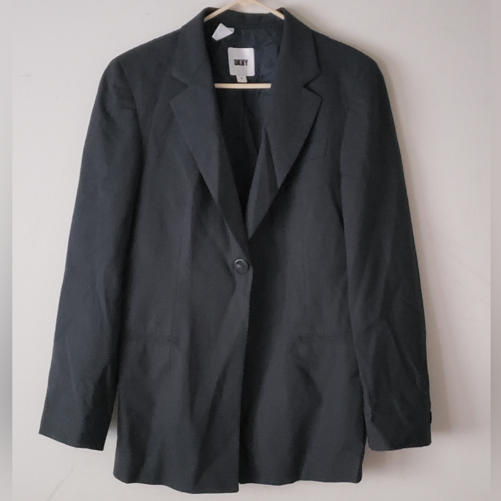 DKNY Womens Black Collared Pin Stripped Blazer Size 8
